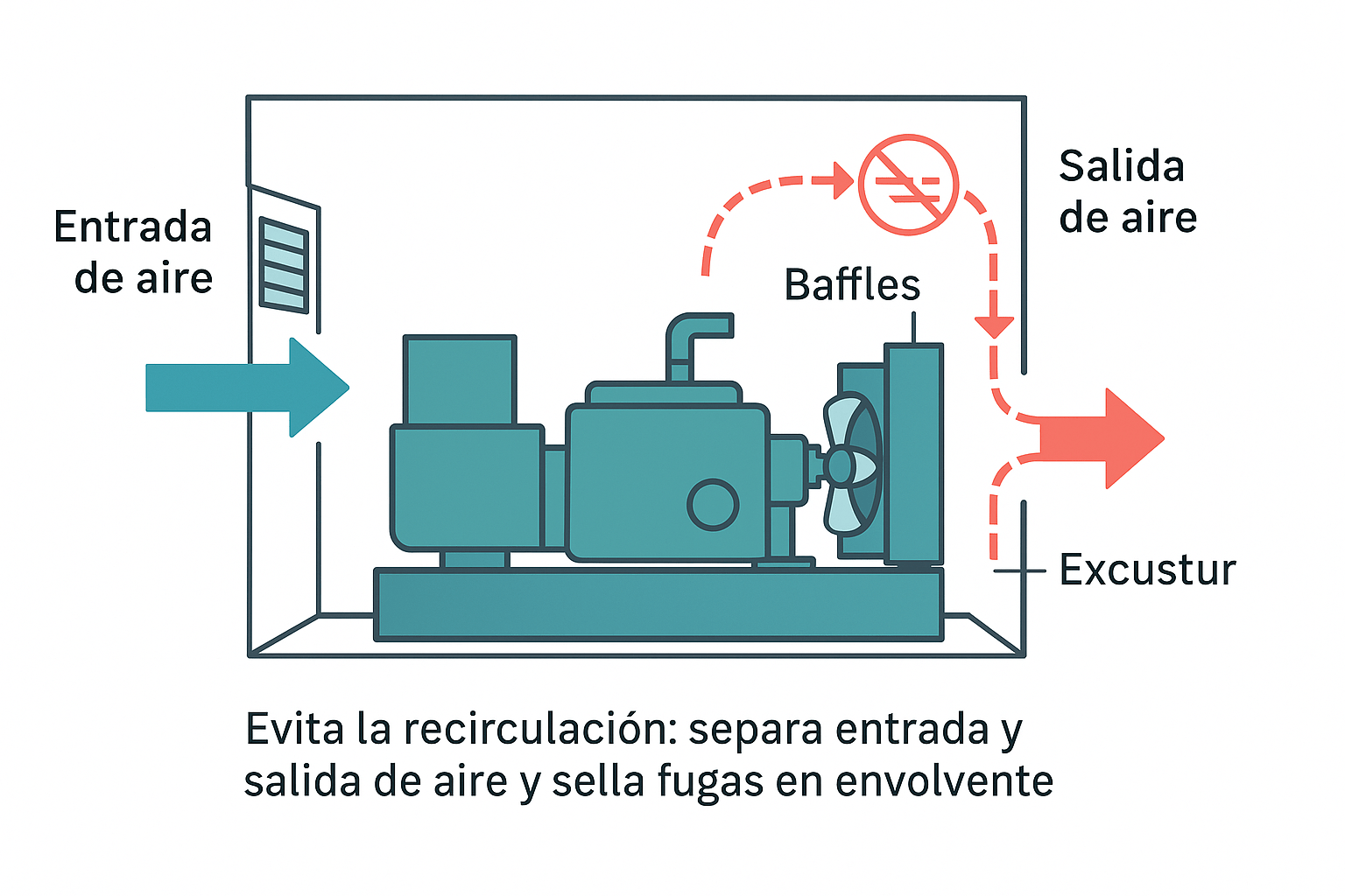 Sala de generador con flujo de aire indicado para evitar recirculación